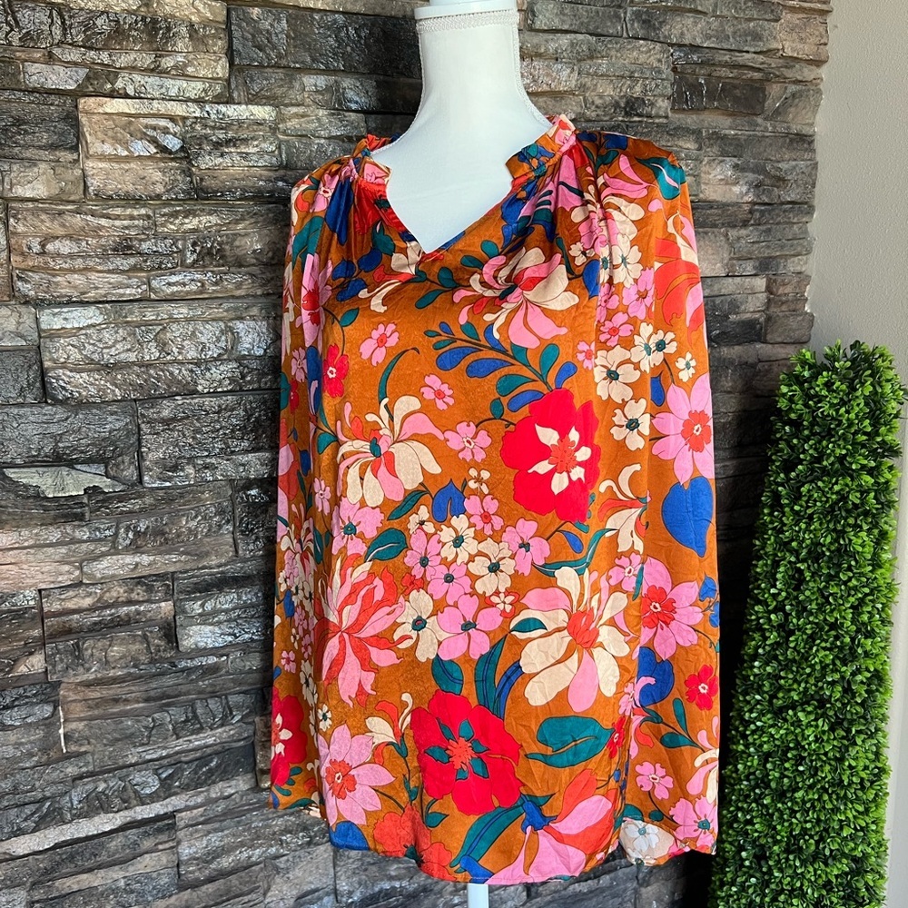 Entro Vibrant Floral Blouse - Orange and Pink